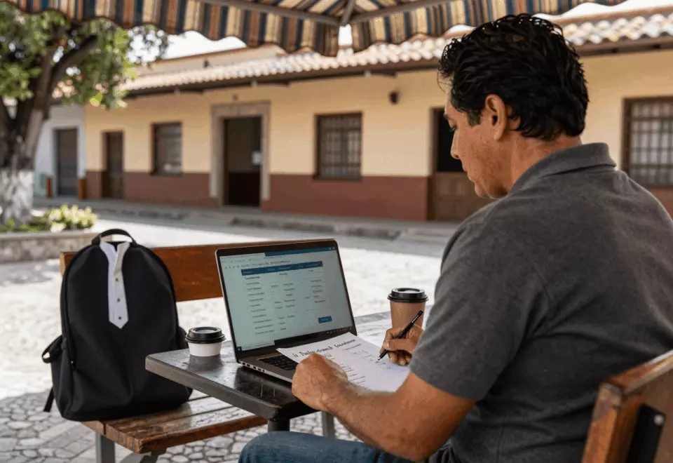 a Latina woman in her late 20s choosing the next IELTS prep step online