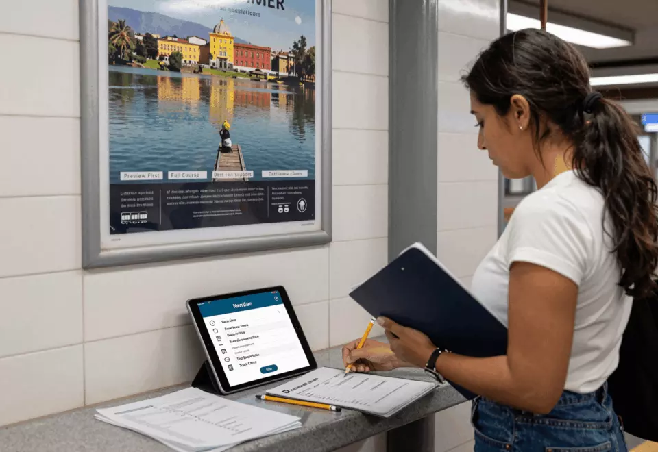 a Latina woman in her late 20s choosing the next IELTS prep step online