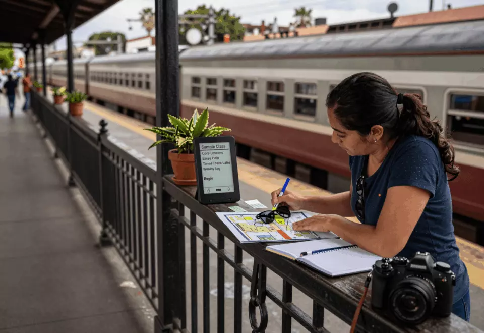 a Latina woman in her late 20s choosing the next IELTS prep step online