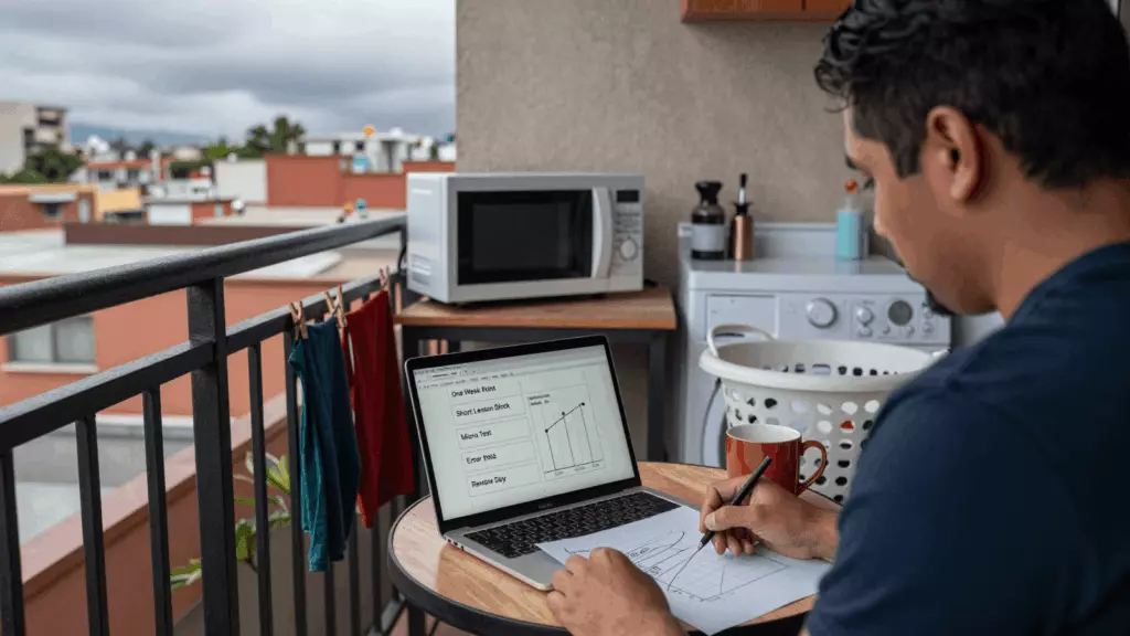 a Latina woman in her late 20s reviewing an IELTS online course workflow