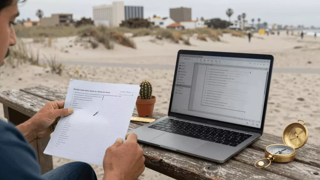 Estudiante de IELTS revisando un plan de estudio y un registro de errores para la preparación de Banda 7