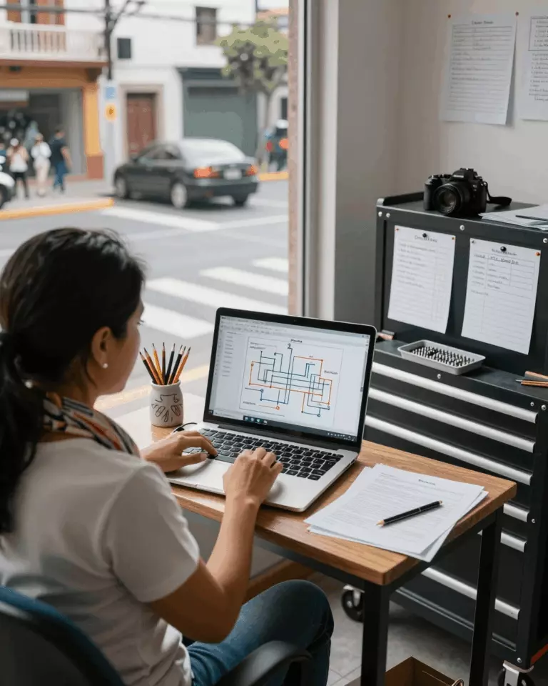 a Latina woman in her late 20s preparing online for Cómo mejorar su puntaje de banda IELTS con lecciones, práctica y revisión de escritura