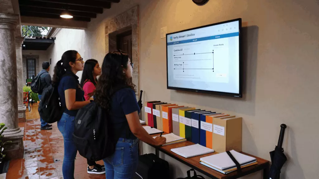 a Latina woman in her late 20s reviewing an IELTS online course workflow