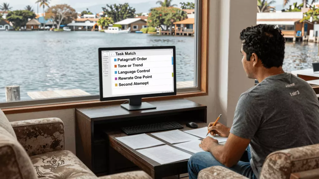 a Latina woman in her late 20s reviewing an IELTS online course workflow