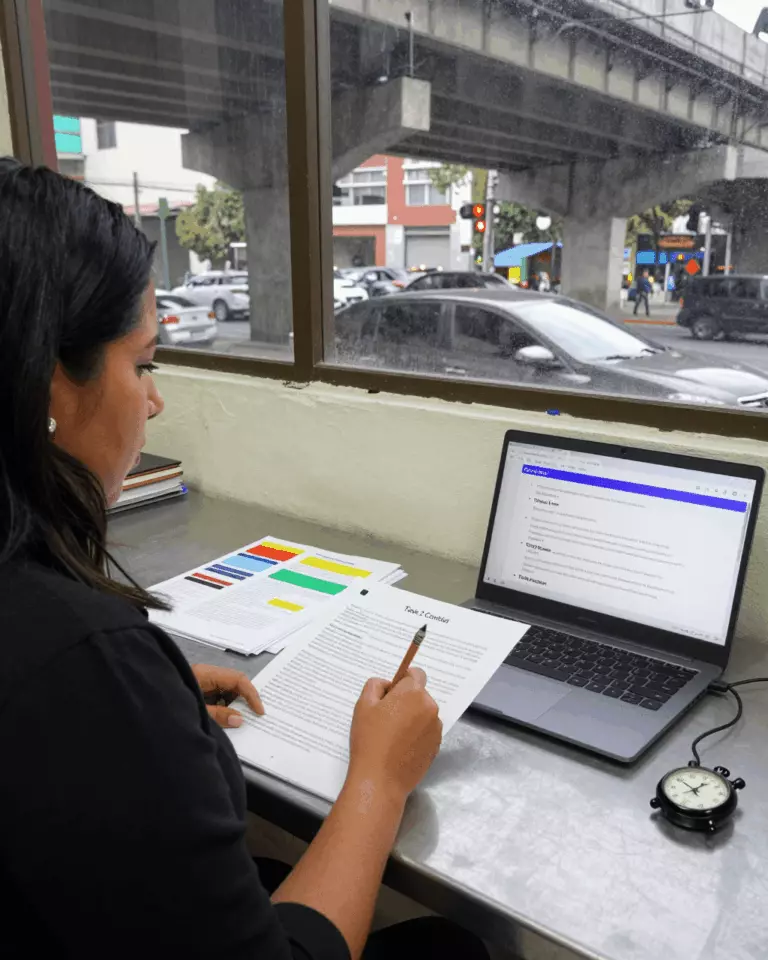 a Latina woman in her late 20s preparing online for Guía del curso IELTS Writing Task 2: ensayos, ideas, estructura y puntuaciones de banda