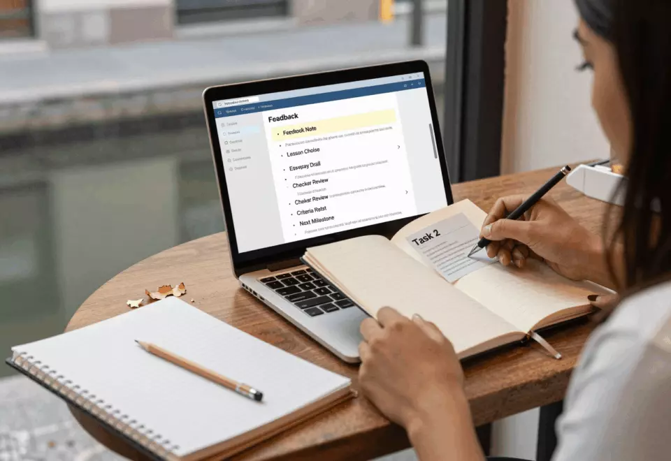 a Latina woman in her late 20s choosing the next IELTS prep step online
