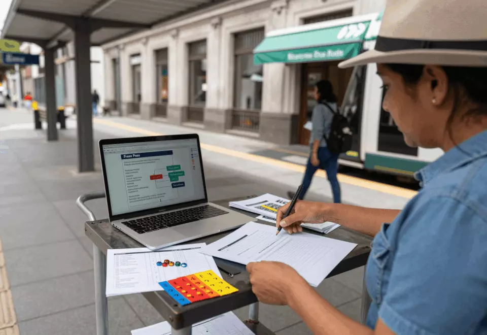 a Latina woman in her late 20s choosing the next IELTS prep step online