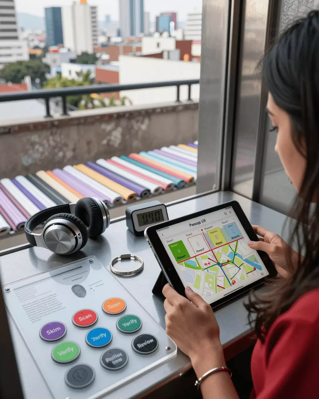 a Latina woman in her late 20s preparing online for Estrategias de lectura del IELTS: sincronización, hojeado, escaneo y precisión