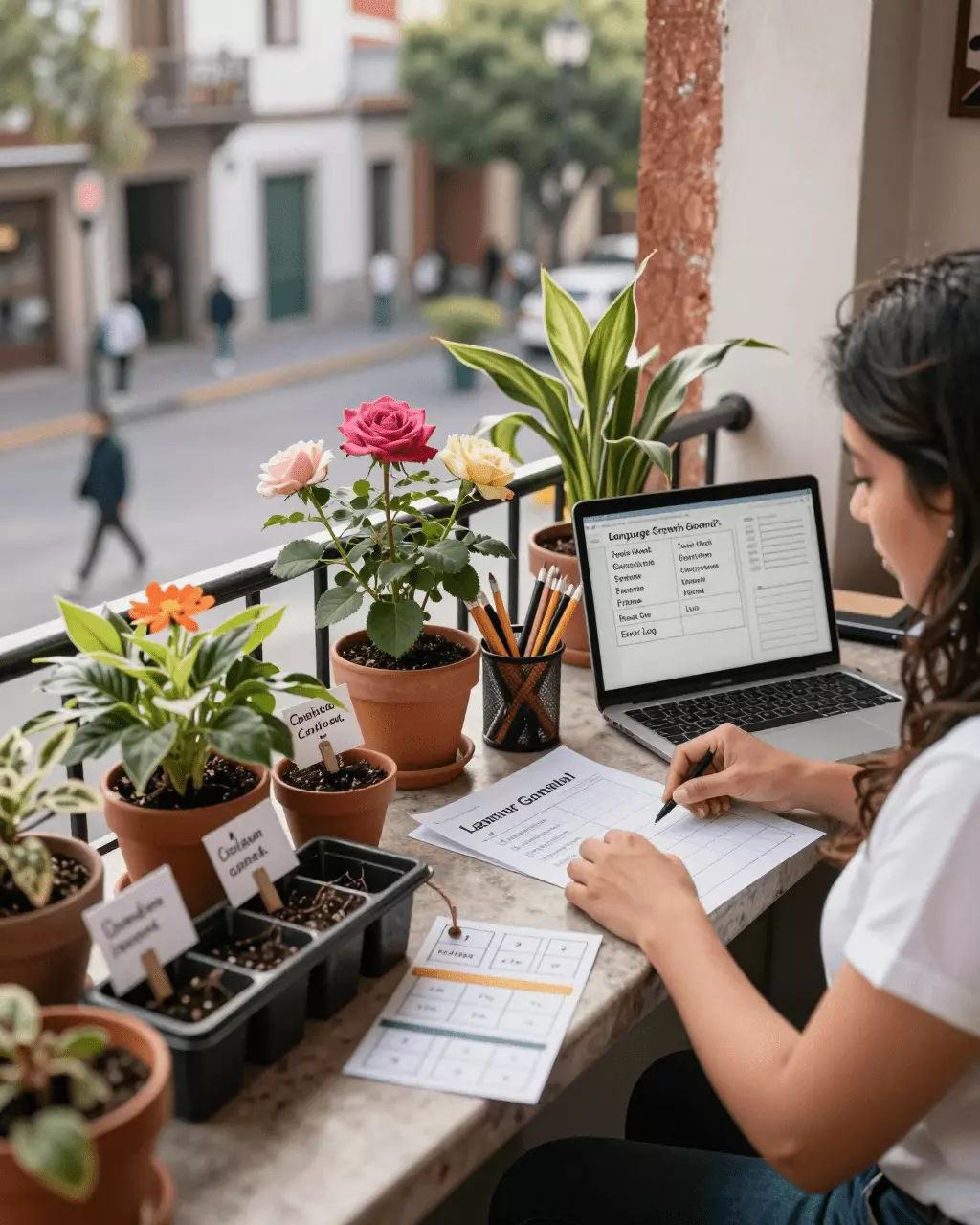 a Latina woman in her late 20s preparing online for Gramática y vocabulario del IELTS para un nivel superior: qué aprender primero