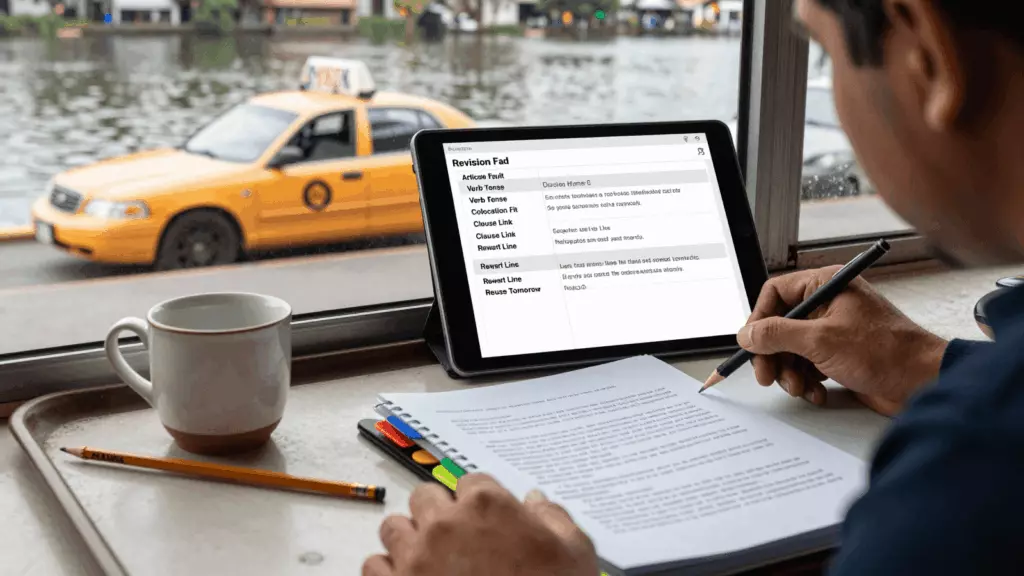 a Latina woman in her late 20s reviewing an IELTS online course workflow