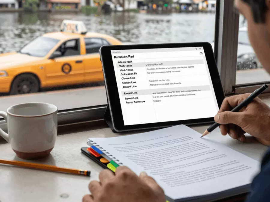 IELTS writing practice page with controlled sentence patterns highlighted