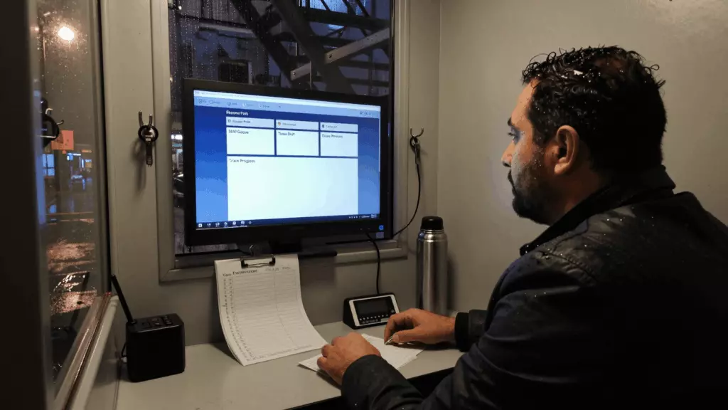 a Persian woman in her late 20s reviewing an IELTS online course workflow