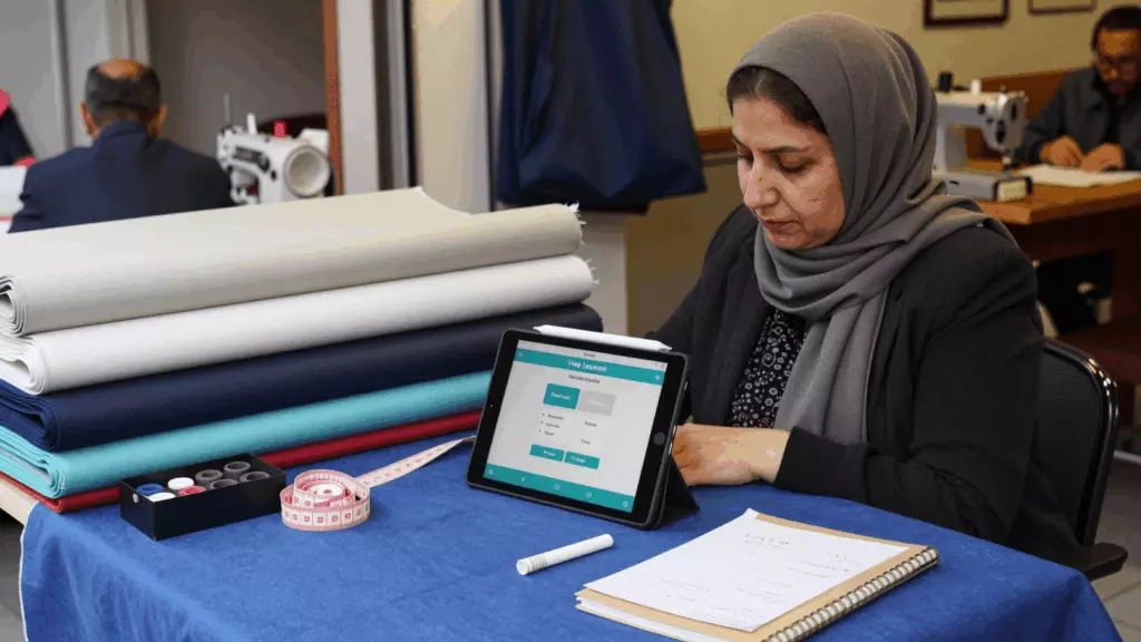 a Persian woman in her late 20s working through مطالعه