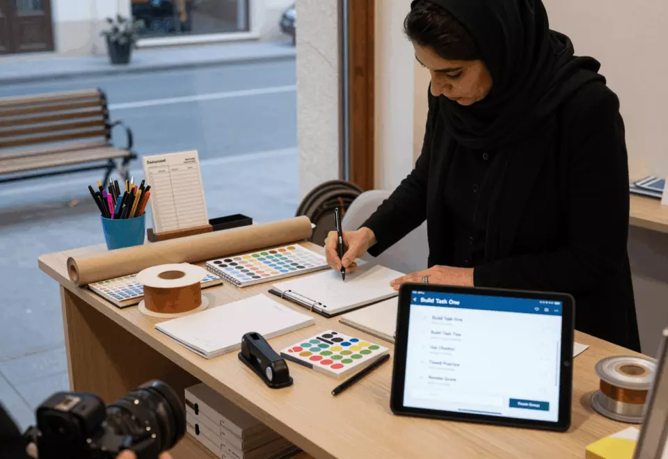 a Persian woman in her late 20s choosing the next IELTS prep step online