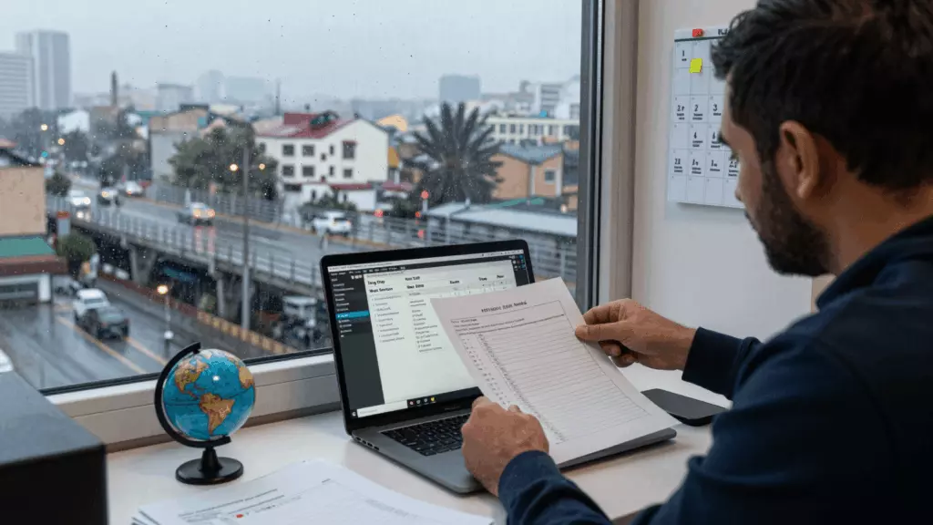 a Persian woman in her late 20s reviewing an IELTS online course workflow