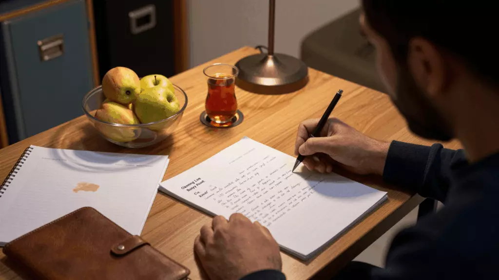 a Persian woman in her late 20s working through پیش نویس