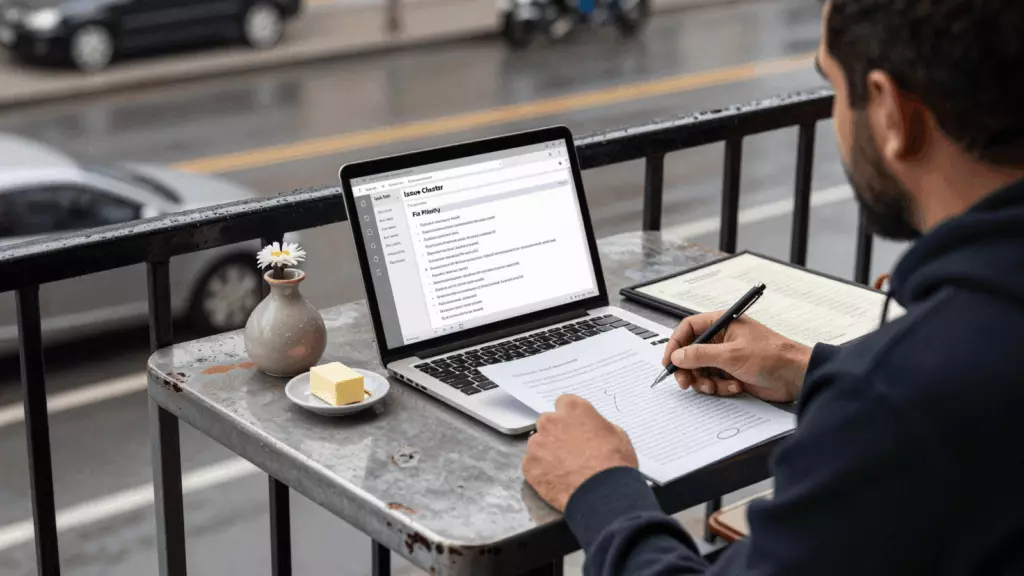 a Persian woman in her late 20s reviewing an IELTS online course workflow