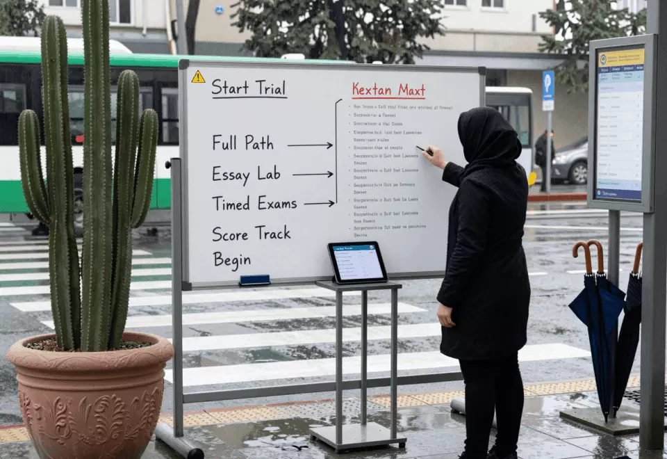 a Persian woman in her late 20s choosing the next IELTS prep step online