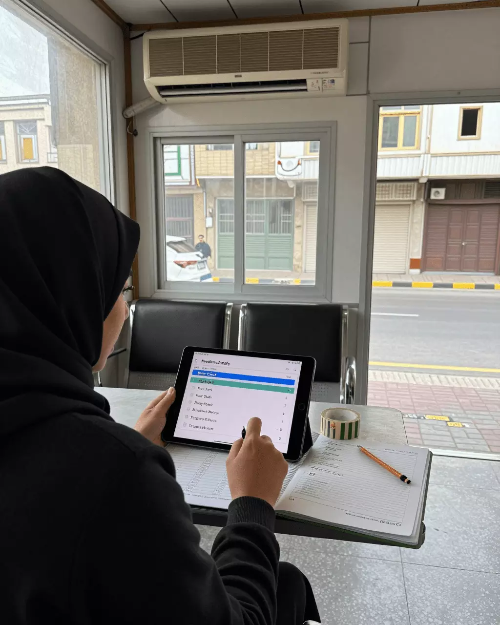 a Persian woman in her late 20s preparing online for چک لیست کامل دوره آیلتس: هر دوره خوب آیلتس چه چیزی باید شامل شود