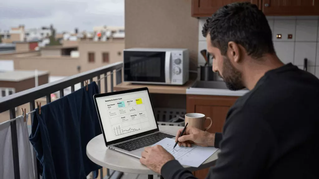 a Persian woman in her late 20s reviewing an IELTS online course workflow