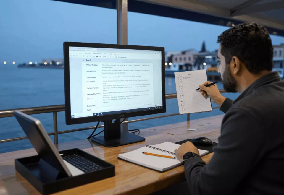 a Persian woman in her late 20s choosing the next IELTS prep step online