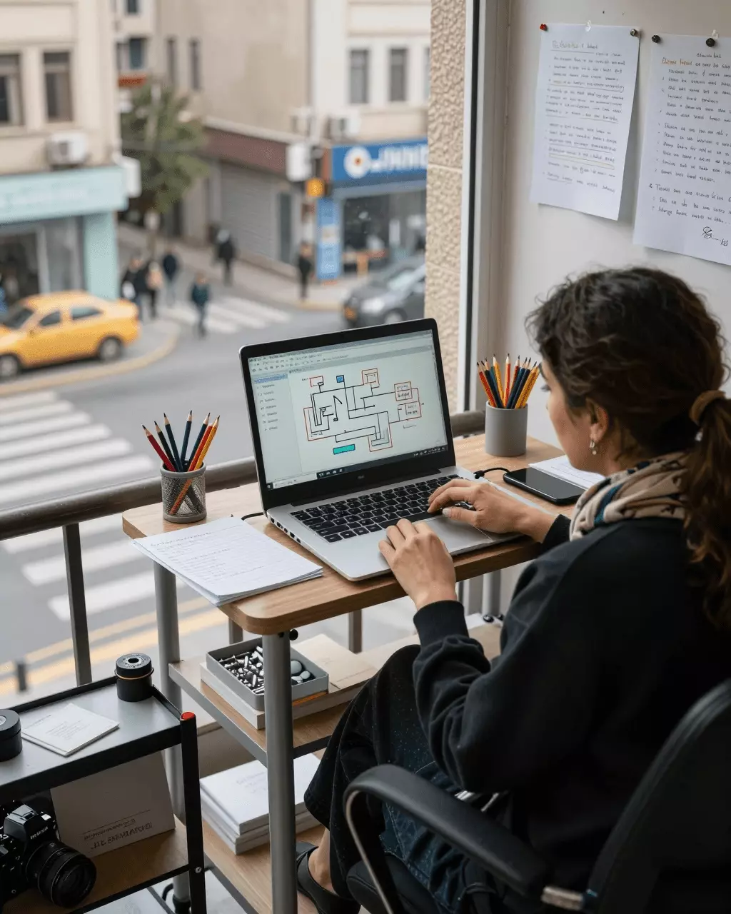 a Persian woman in her late 20s preparing online for چگونه نمره باند آیلتس خود را با درس، تمرین و مرور نوشتن بهبود بخشید