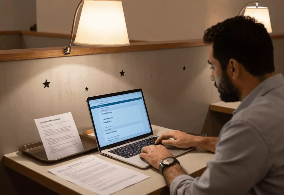 a Persian woman in her late 20s choosing the next IELTS prep step online