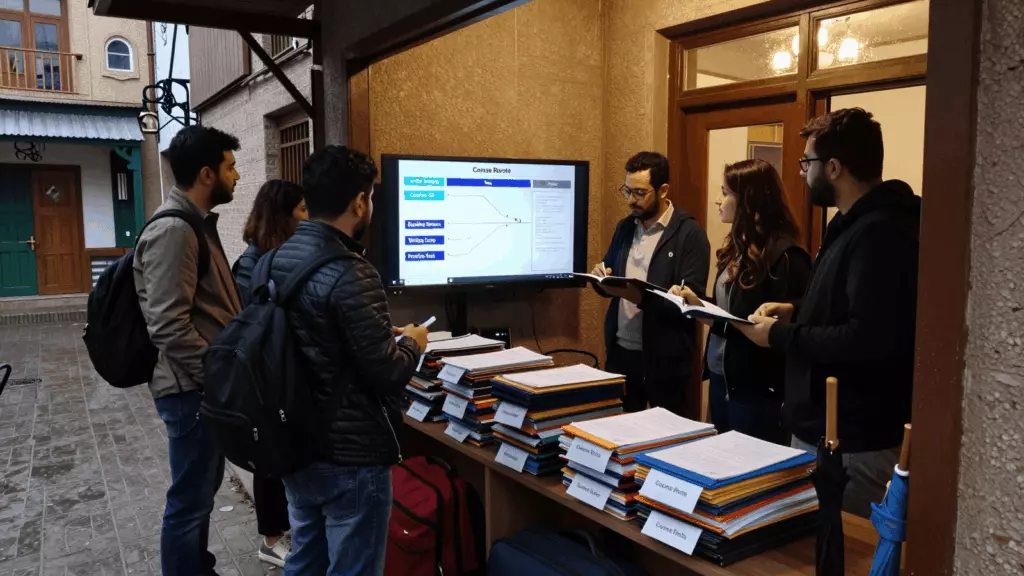 a Persian woman in her late 20s reviewing an IELTS online course workflow