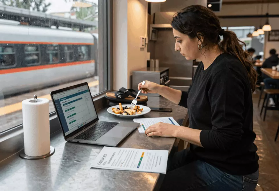 a Persian woman in her late 20s choosing the next IELTS prep step online