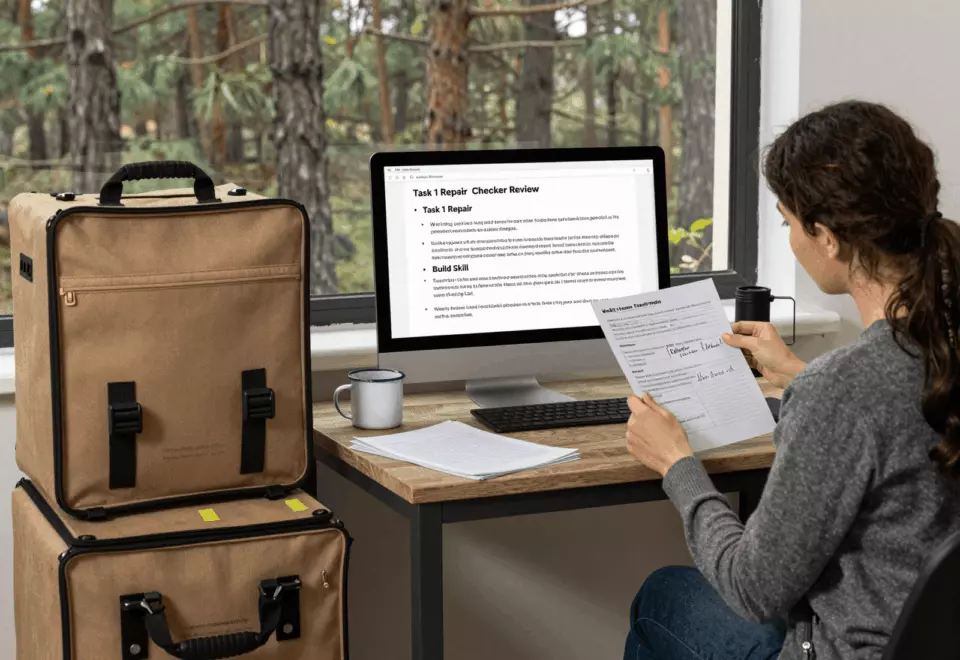 a Persian woman in her late 20s choosing the next IELTS prep step online