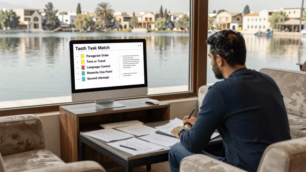 a Persian woman in her late 20s reviewing an IELTS online course workflow