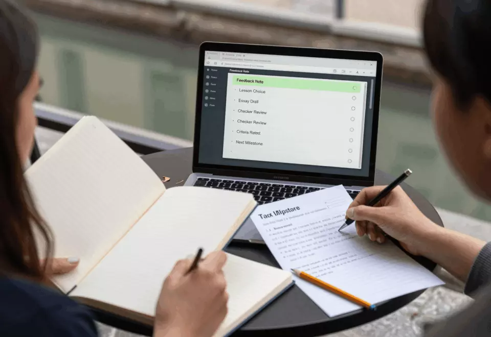 a Persian woman in her late 20s choosing the next IELTS prep step online