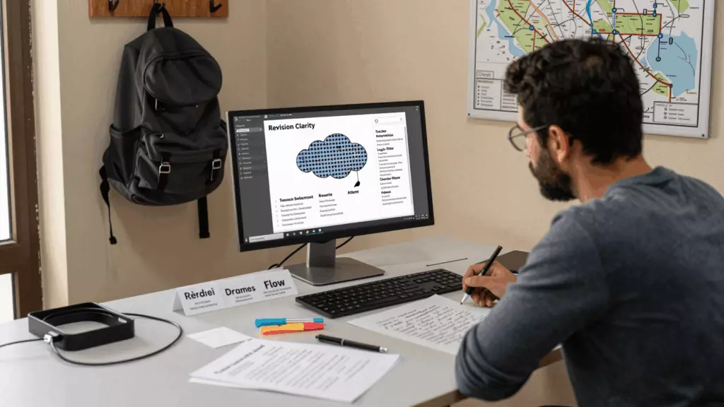 a Persian woman in her late 20s reviewing an IELTS online course workflow