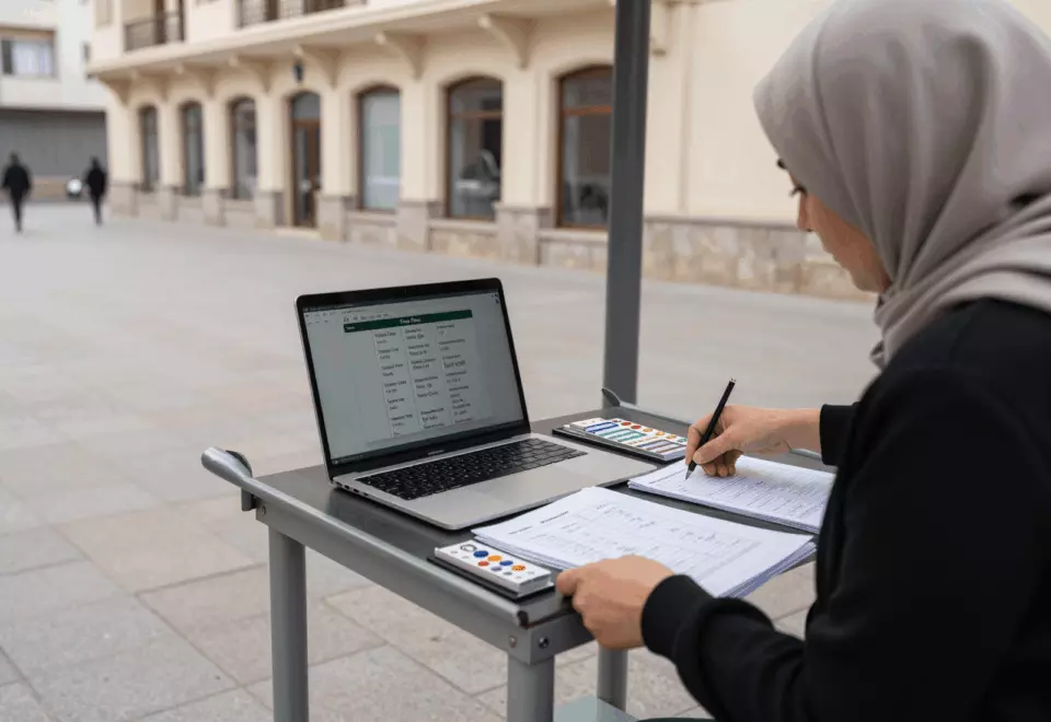 a Persian woman in her late 20s choosing the next IELTS prep step online