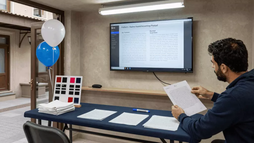 a Persian woman in her late 20s reviewing an IELTS online course workflow