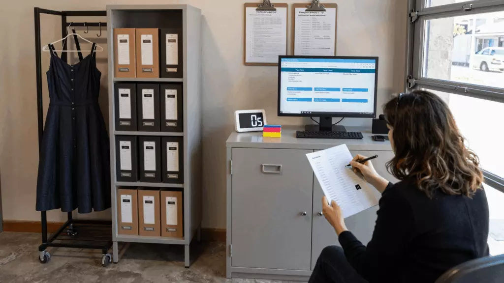 a Persian woman in her late 20s reviewing an IELTS online course workflow