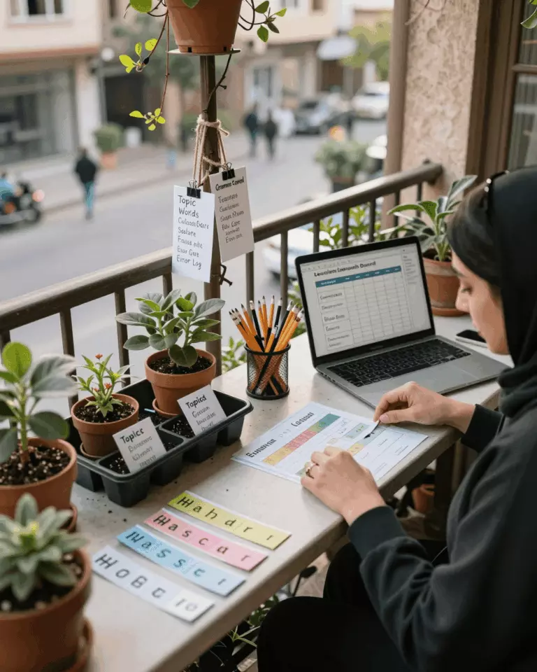 a Persian woman in her late 20s preparing online for گرامر و واژگان آیلتس برای گروه بالاتر: ابتدا چه چیزی یاد بگیریم