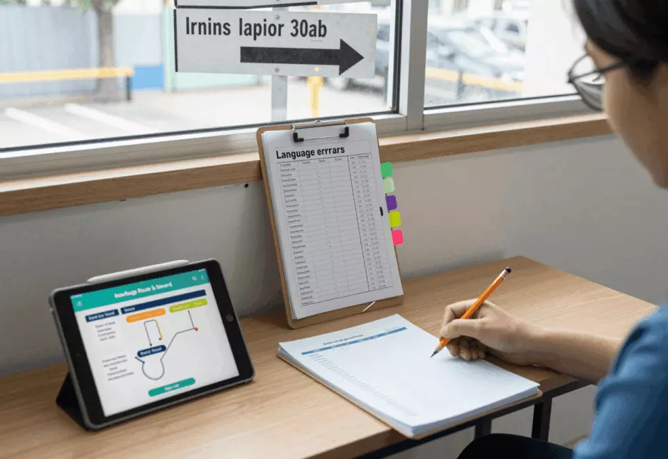 a Persian woman in her late 20s choosing the next IELTS prep step online