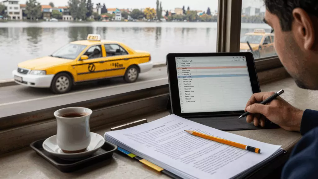 a Persian woman in her late 20s reviewing an IELTS online course workflow