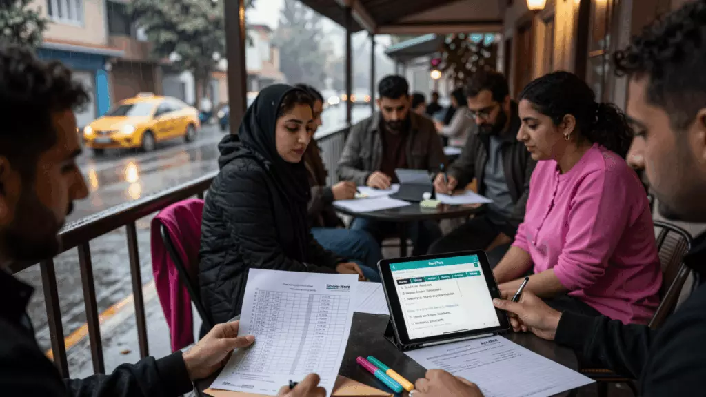 a Persian woman in her late 20s working through تصمیم بگیرید
