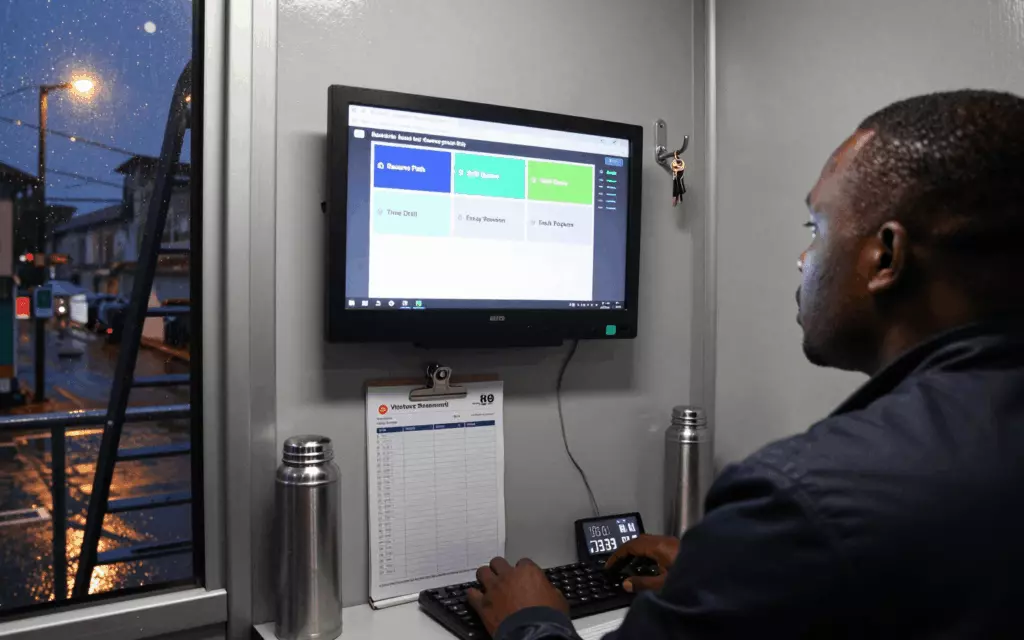 a Francophone African man in his late 20s reviewing an IELTS online course workflow