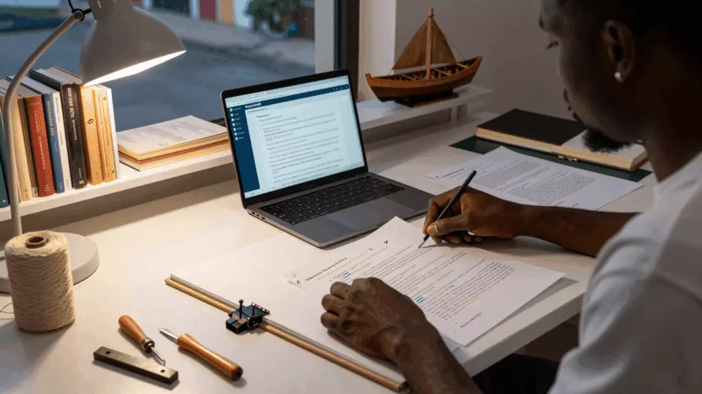 a Francophone African man in his late 20s reviewing an IELTS online course workflow