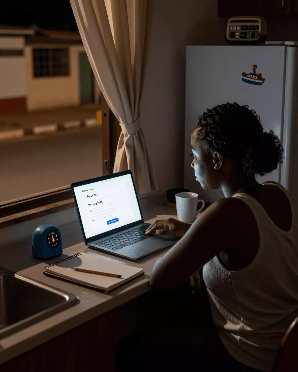 a Francophone African man in his late 20s preparing online for Tests pratiques IELTS en ligne : tests simulés, scores et préparation aux examens
