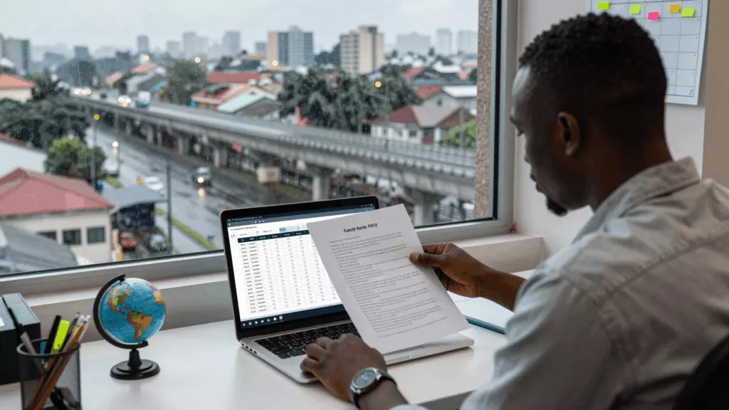 a Francophone African man in his late 20s reviewing an IELTS online course workflow