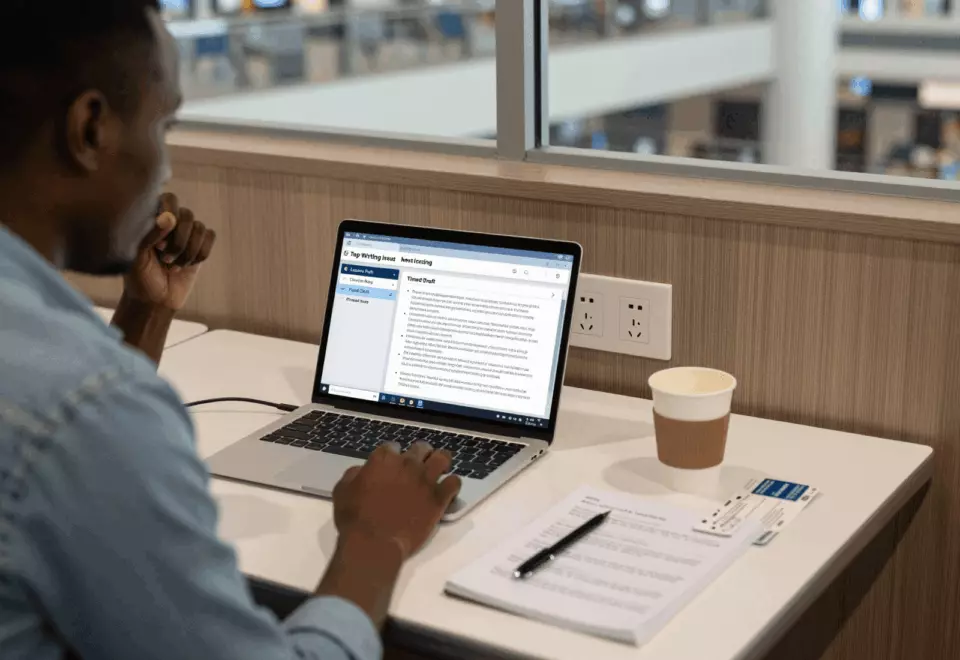 a Francophone African man in his late 20s choosing the next IELTS prep step online