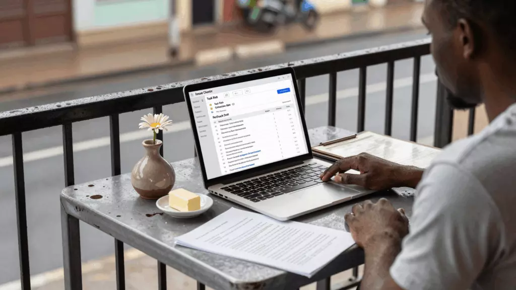 a Francophone African man in his late 20s reviewing an IELTS online course workflow