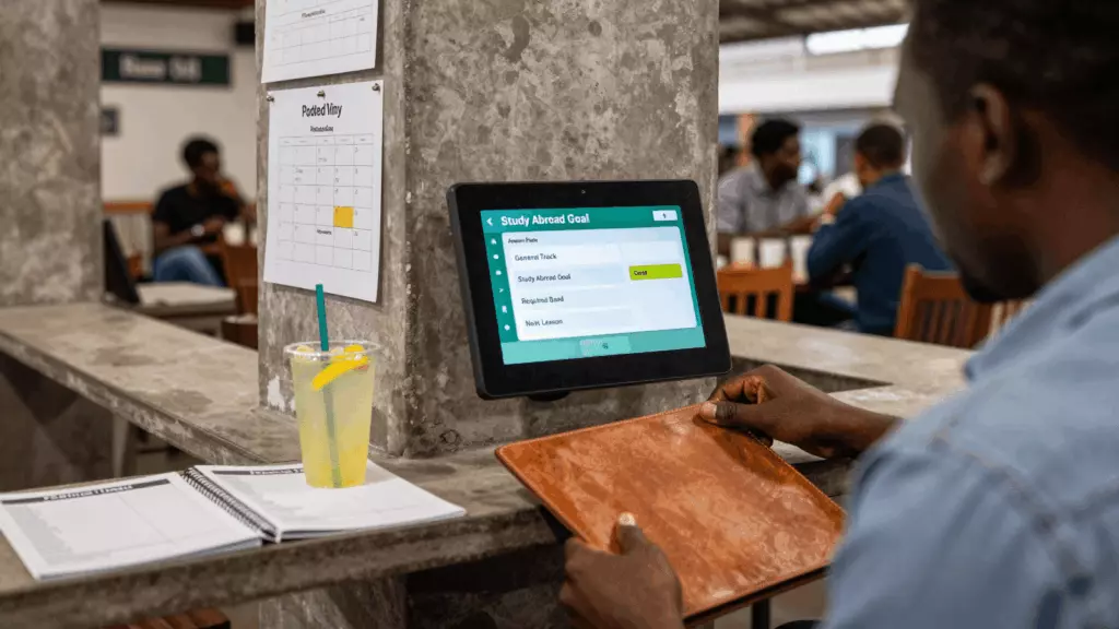 a Francophone African man in his late 20s reviewing an IELTS online course workflow