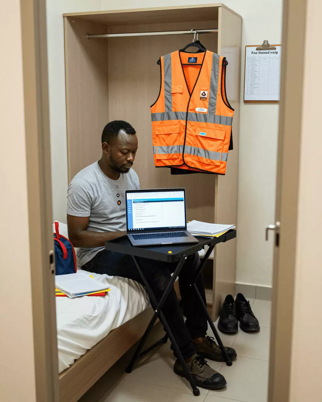 a Francophone African man in his late 20s preparing online for Cours de formation générale IELTS pour les objectifs de travail, de migration et d'immigration