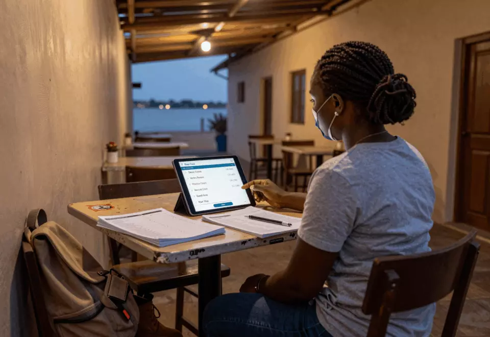 a Francophone African man in his late 20s choosing the next IELTS prep step online