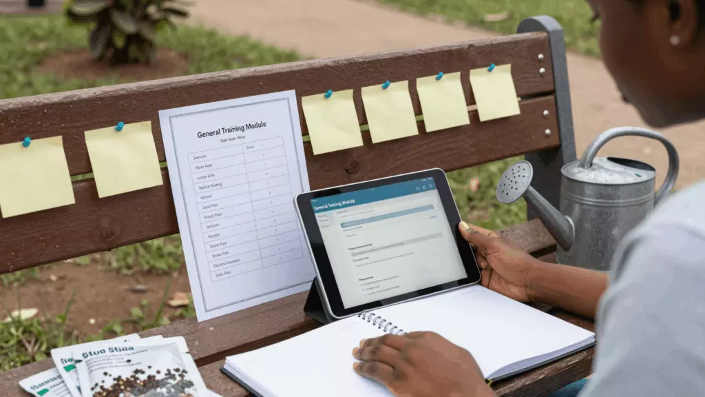 a Francophone African man in his late 20s reviewing an IELTS online course workflow